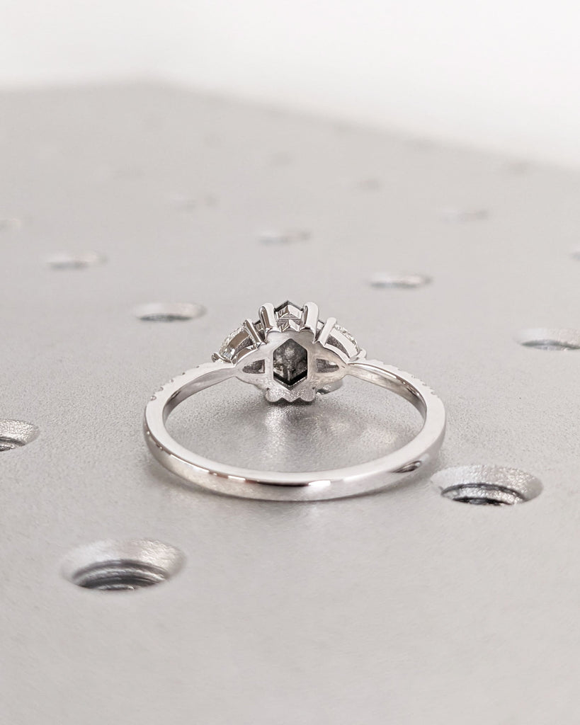 Galaxy Raw Salt and Pepper Diamond Ring- Hexagon Cut Diamond Engagement Ring Sets- Unique Bridal Geometric Diamond Promise Ring- Half Moon