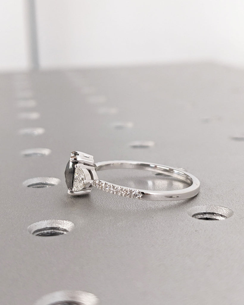 Galaxy Raw Salt and Pepper Diamond Ring- Hexagon Cut Diamond Engagement Ring Sets- Unique Bridal Geometric Diamond Promise Ring- Half Moon