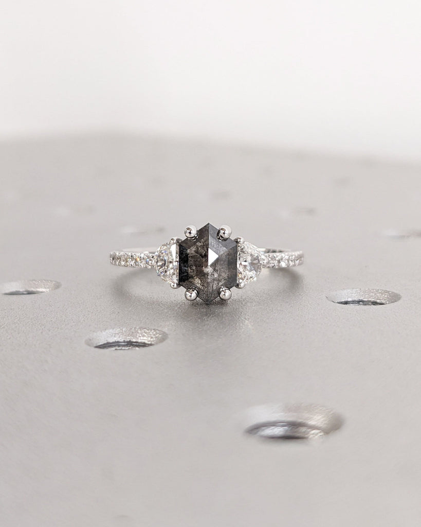 Galaxy Raw Salt and Pepper Diamond Ring- Hexagon Cut Diamond Engagement Ring Sets- Unique Bridal Geometric Diamond Promise Ring- Half Moon