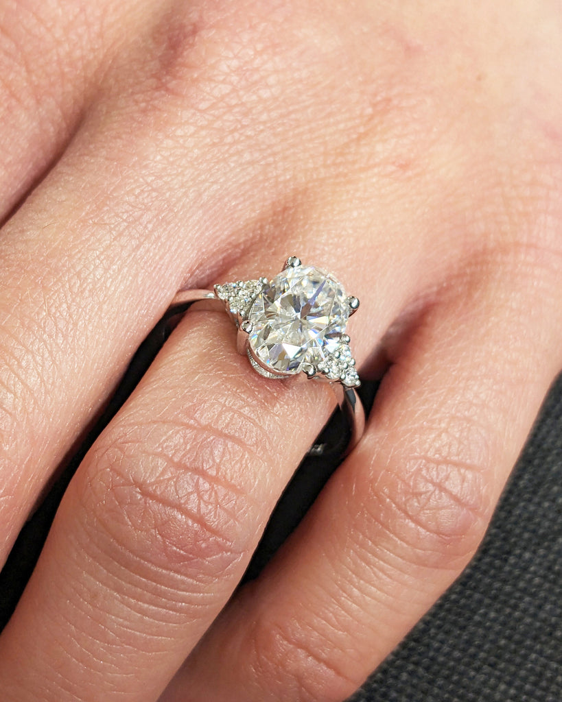 Lab Diamond Oval Cut Engagement Ring, Oval Shaped Lab Diamond and Cluster Diamonds Wedding Ring, White Gold Lab Diamond Ring, Art Deco Ring