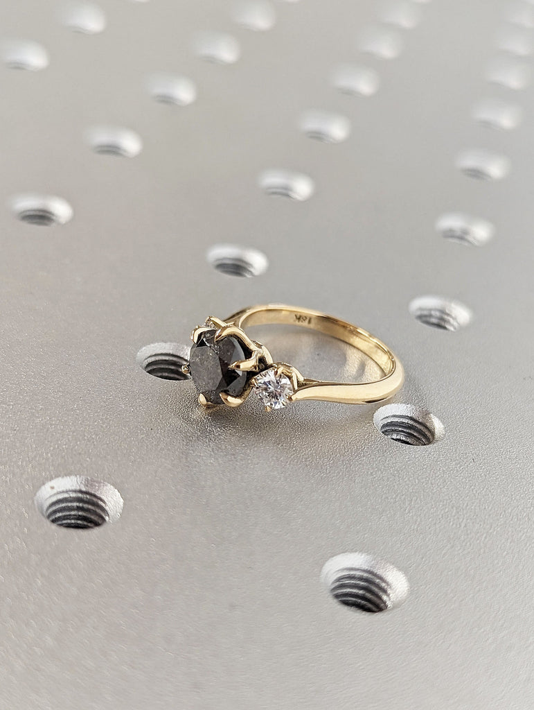 Natural Salt and Pepper Grey Diamond Unique Women Proposal Ring | Polished Yellow Gold Band Multi Stone Diamond Trinity Anniversary Ring