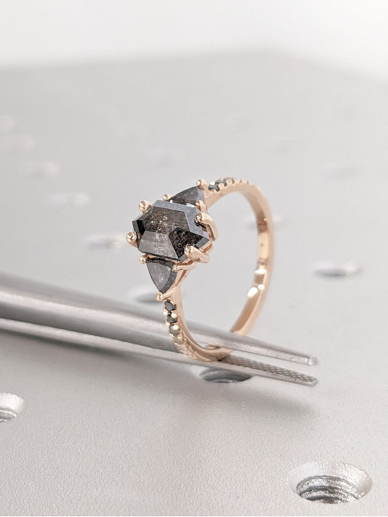 Hexagon cut Natural Salt and Pepper Grey Diamond Women Engagement Cocktail Ring | 14K 18K Rose Gold Half Eternity Ring | Bridal Jewelry