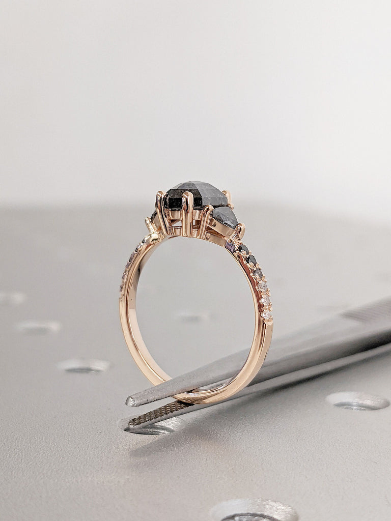 14K 18K Rose Gold Ombre Diamond Wedding Band for Her | Trillion, Hexagon cut Natural Salt and Pepper Grey Diamond Cocktail Ring