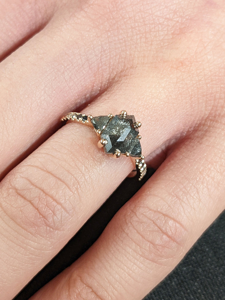 3 Stone Trilogy Salt and Pepper Galaxy Diamond Unique Proposal Ring for Her | Personalized Solid Gold Ombre Black Diamond Wedding Band