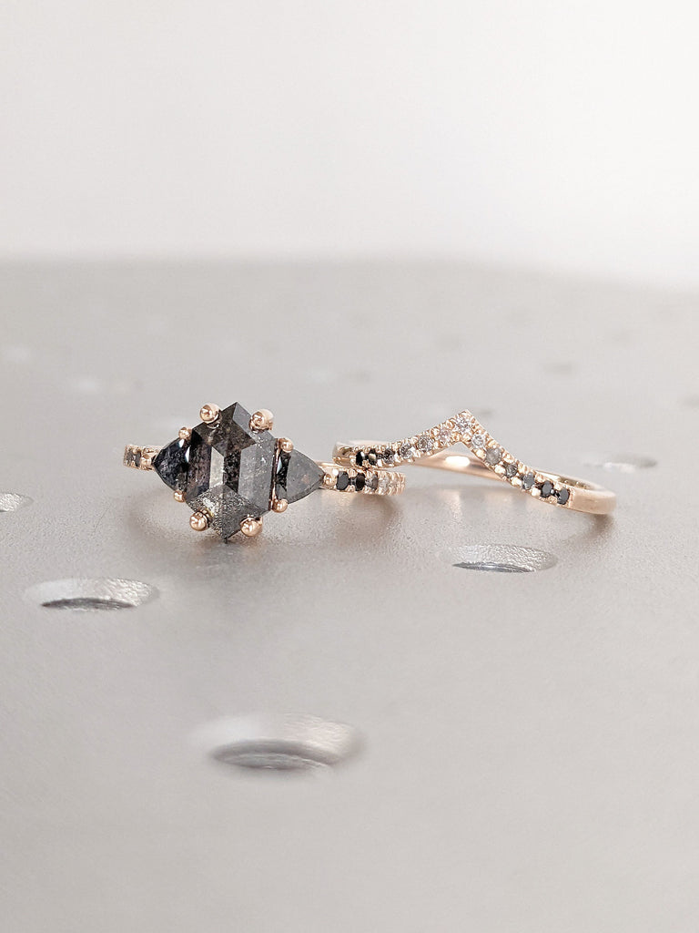 Hexagon, Trillion cut Salt and Pepper Grey Diamond Engagement Proposal Ring Set | 14K Rose Gold Matching Curve Ombre Diamond Eternity Band