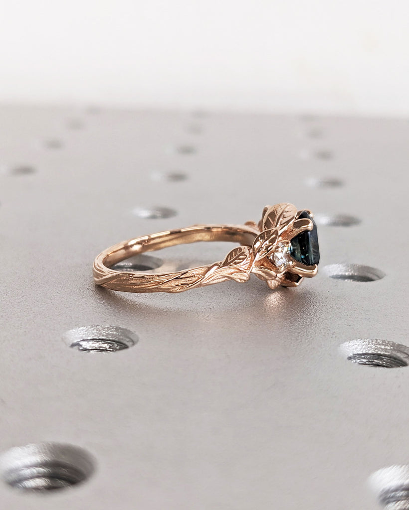 Blue Green Sapphire Ring. Peacock Engagement Ring. Oval Teal Sapphire Ring. 14K Rose Gold Engagement Ring. Cluster Diamond Ring. Art Deco.