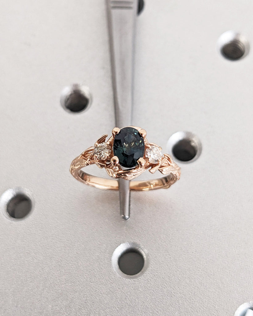 Blue Green Sapphire Ring. Peacock Engagement Ring. Oval Teal Sapphire Ring. 14K Rose Gold Engagement Ring. Cluster Diamond Ring. Art Deco.