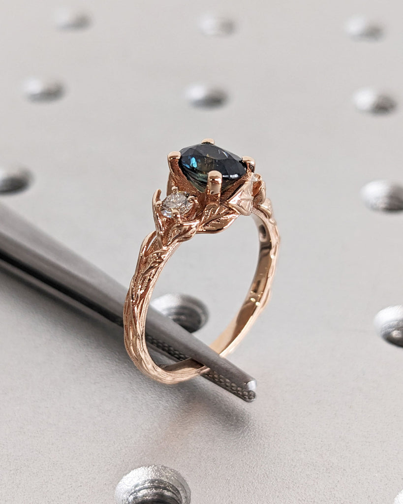 Blue Green Sapphire Ring. Peacock Engagement Ring. Oval Teal Sapphire Ring. 14K Rose Gold Engagement Ring. Cluster Diamond Ring. Art Deco.