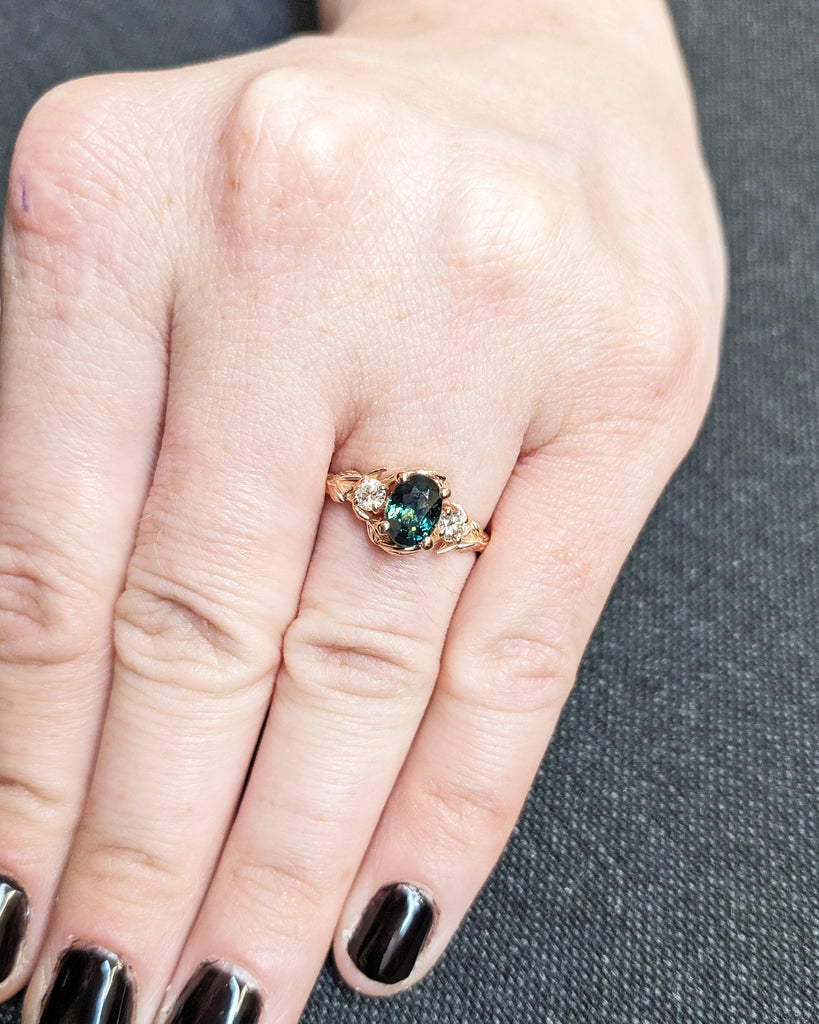 Blue Green Sapphire Ring. Peacock Engagement Ring. Oval Teal Sapphire Ring. 14K Rose Gold Engagement Ring. Cluster Diamond Ring. Art Deco.