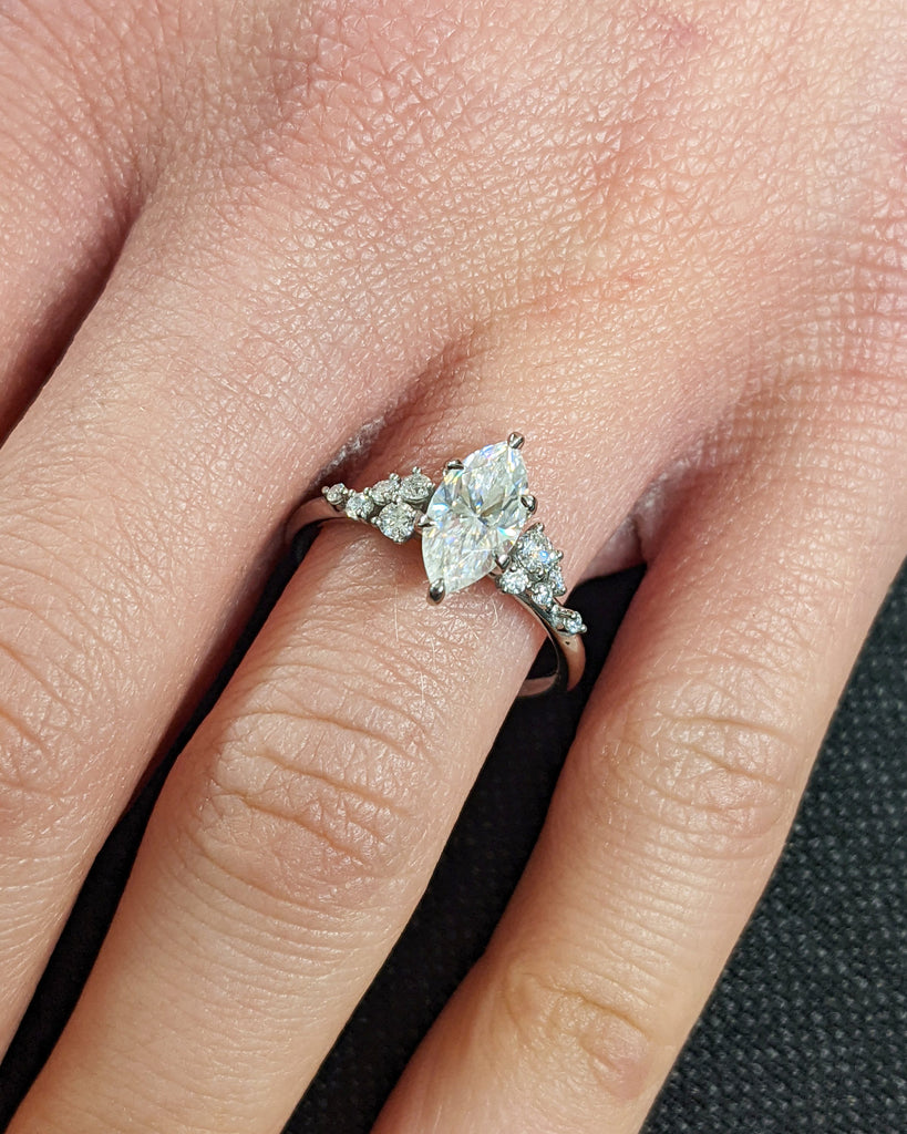 Marquise Lab Grown Diamond Gold or Platinum Engagement Ring | Unique Snowdrift 6 Prong Diamond Cluster Promise Ring | Wedding Ring for Her