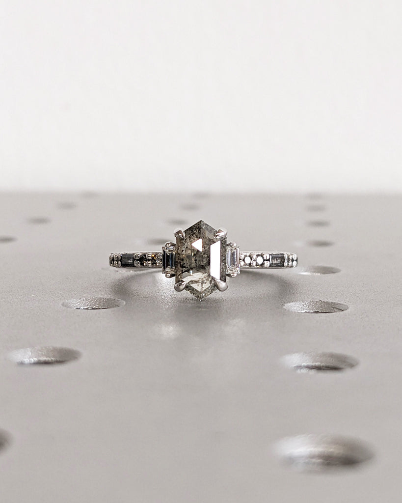 Galaxy Raw Salt and Pepper Diamond Ring- Hexagon Diamond Engagement Ring- Unique Bridal Geometric Diamond Promise Ring- Custom Handmade Ring