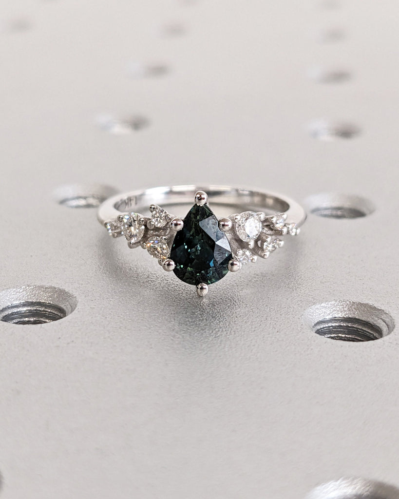 One of a Kind Montana Sapphire Ring, Pear Teal Sapphire, Snowdrift Cluster Ring Six-Prong, Vintage Inspired Peacock Sapphire Engagement Ring