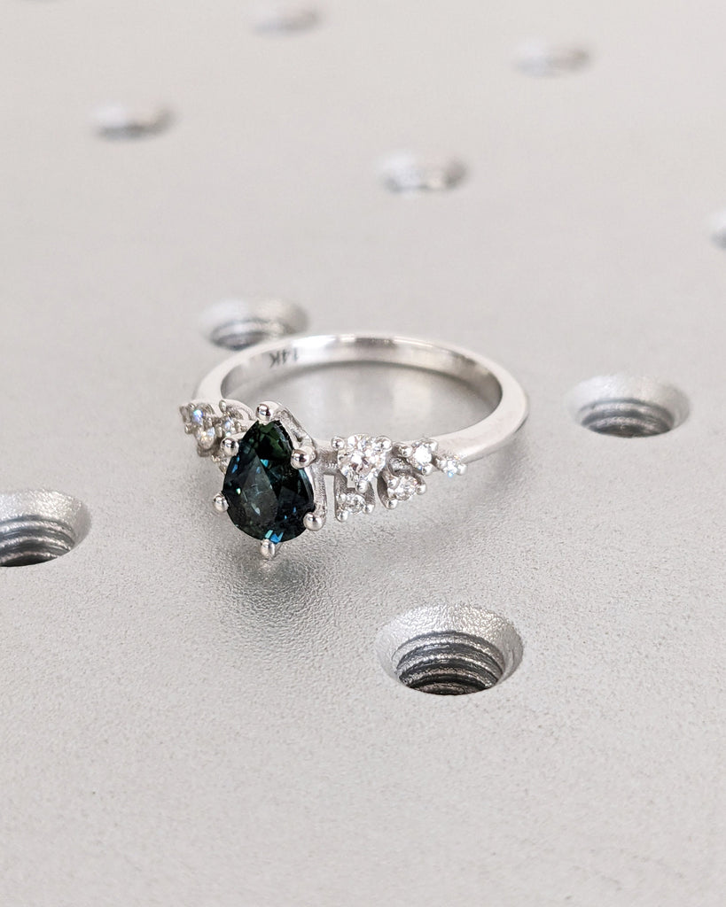 One of a Kind Montana Sapphire Ring, Pear Teal Sapphire, Snowdrift Cluster Ring Six-Prong, Vintage Inspired Peacock Sapphire Engagement Ring