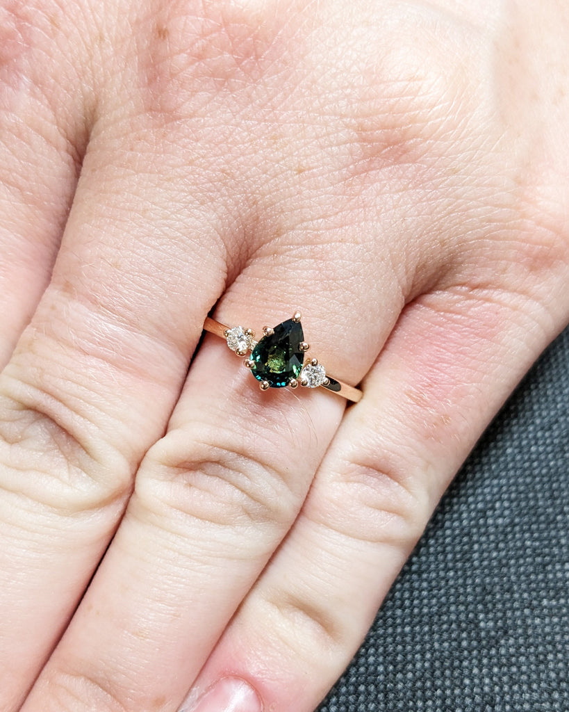 Pear Cut Green Sapphire with Diamond Engagement Cocktail Ring for Her | 14K 18K Rose Gold Women Wedding Band | Alternative Bridal Jewelry