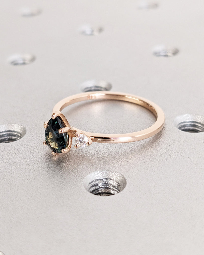 Pear Cut Green Sapphire with Diamond Engagement Cocktail Ring for Her | 14K 18K Rose Gold Women Wedding Band | Alternative Bridal Jewelry