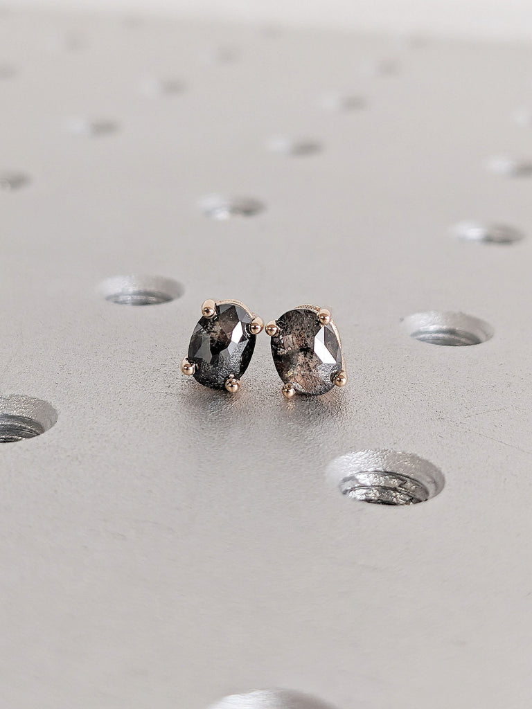 14K Rose Gold Natural Salt and Pepper Grey Diamond Everyday Stud Earrings | Simple Diamond Earrings Wedding Anniversary Gift for Wife