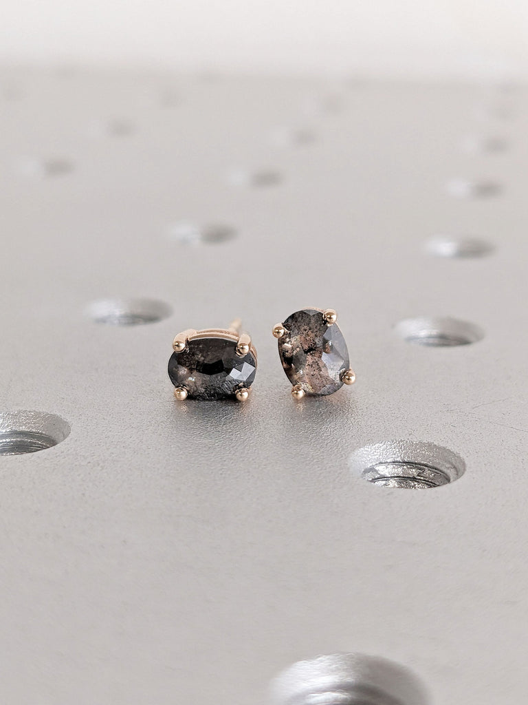 Oval cut Natural Salt and Pepper Galaxy Diamond Solitaire Women Stud Earrings Pair | 14K Rose Gold Screw Back Wedding Earrings