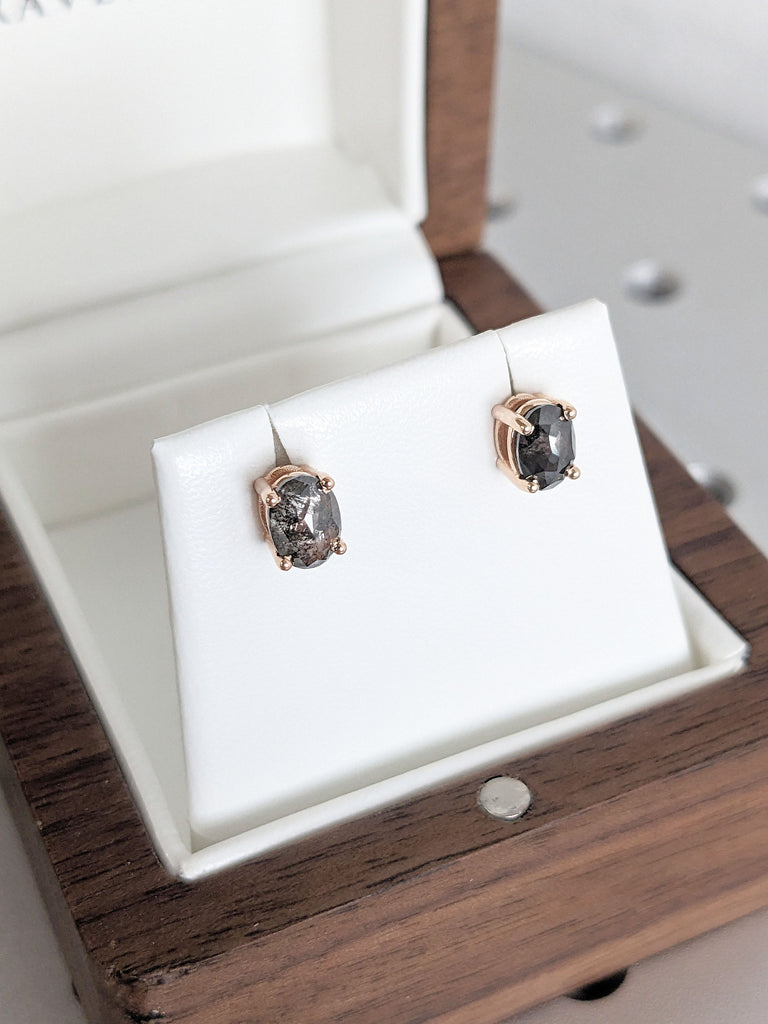 14K Rose Gold Natural Salt and Pepper Grey Diamond Everyday Stud Earrings | Simple Diamond Earrings Wedding Anniversary Gift for Wife