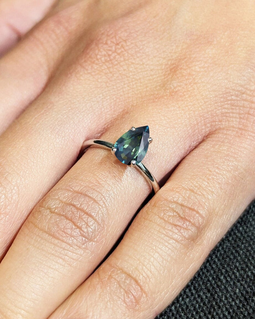 Pear Cut Teal Sapphire Engagement Ring, Teardrop Shape Peacock Blue Green Montana Sapphire, Pear Solitaire Ring, 4 Prong Setting Bridal Ring