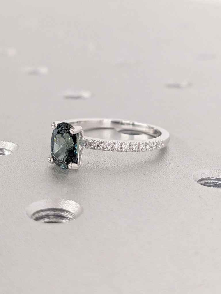 Oval cut Natural Blue Green Sapphire Engagement Cocktail Ring | Solid Gold, Platinum Diamond Eternity Wedding Band | Timeless Women Jewelry