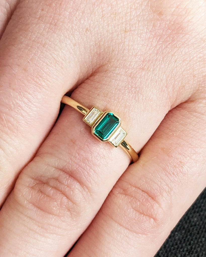 Emerald Baguette Ring 14K Gold Emerald Ring Baguette Emerald Ring 14K Solid Gold Minimalist Emerald Ring Stacking Three Stone Emerald Ring