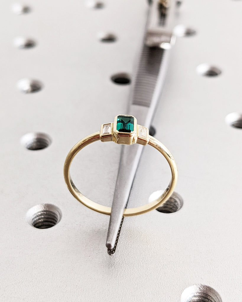 Emerald Baguette Ring 14K Gold Emerald Ring Baguette Emerald Ring 14K Solid Gold Minimalist Emerald Ring Stacking Three Stone Emerald Ring