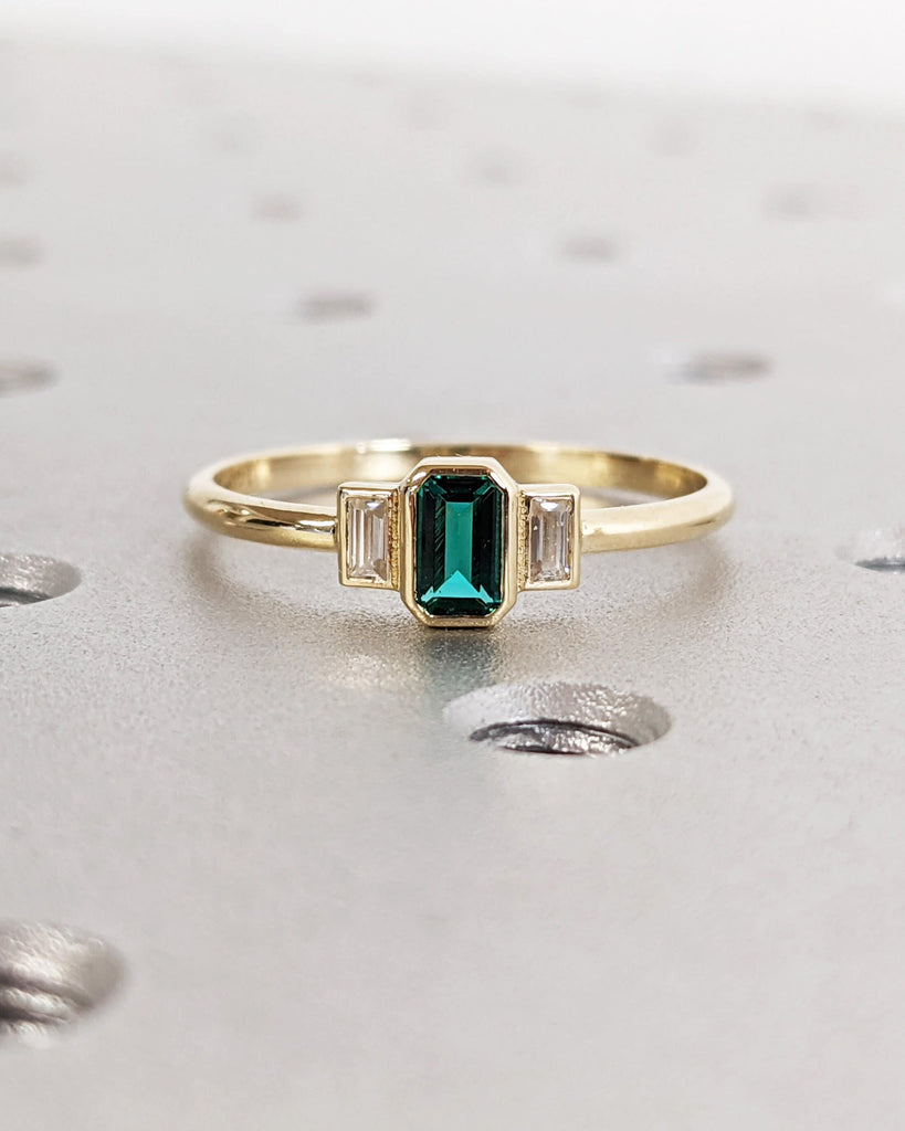 Emerald Baguette Ring 14K Gold Emerald Ring Baguette Emerald Ring 14K Solid Gold Minimalist Emerald Ring Stacking Three Stone Emerald Ring