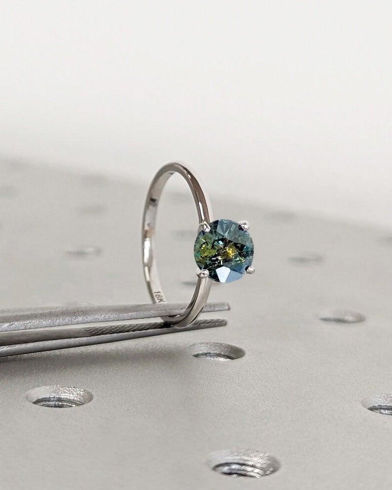 Round Cut Natural Teal Sapphire Engagement Ring, Blue Green Montana Sapphire, Round Engagement Ring, 4 Prong Setting Solitaire Wedding Ring