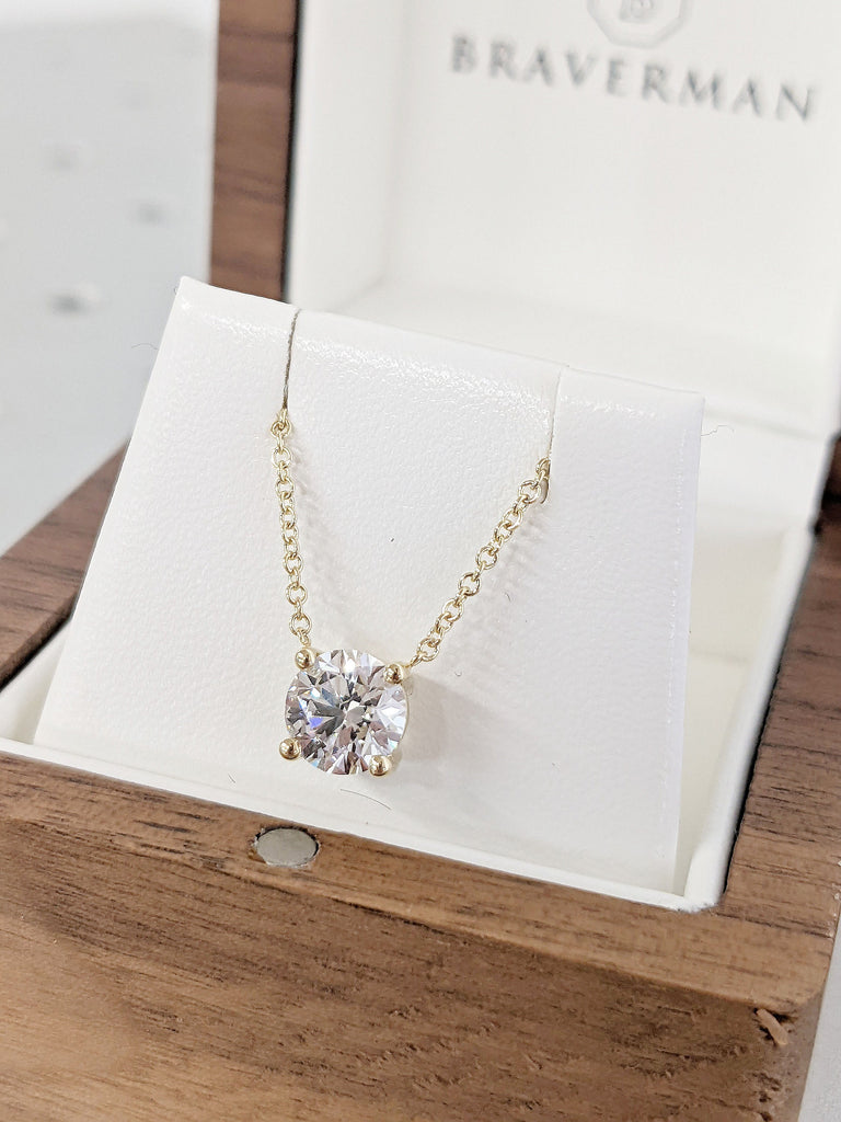 1.25ct Round cut Moissanite Pendant Floating Necklace | Dainty Gold Necklace | 4 Prong Setting | 14K 18K Gold Chain 45cm