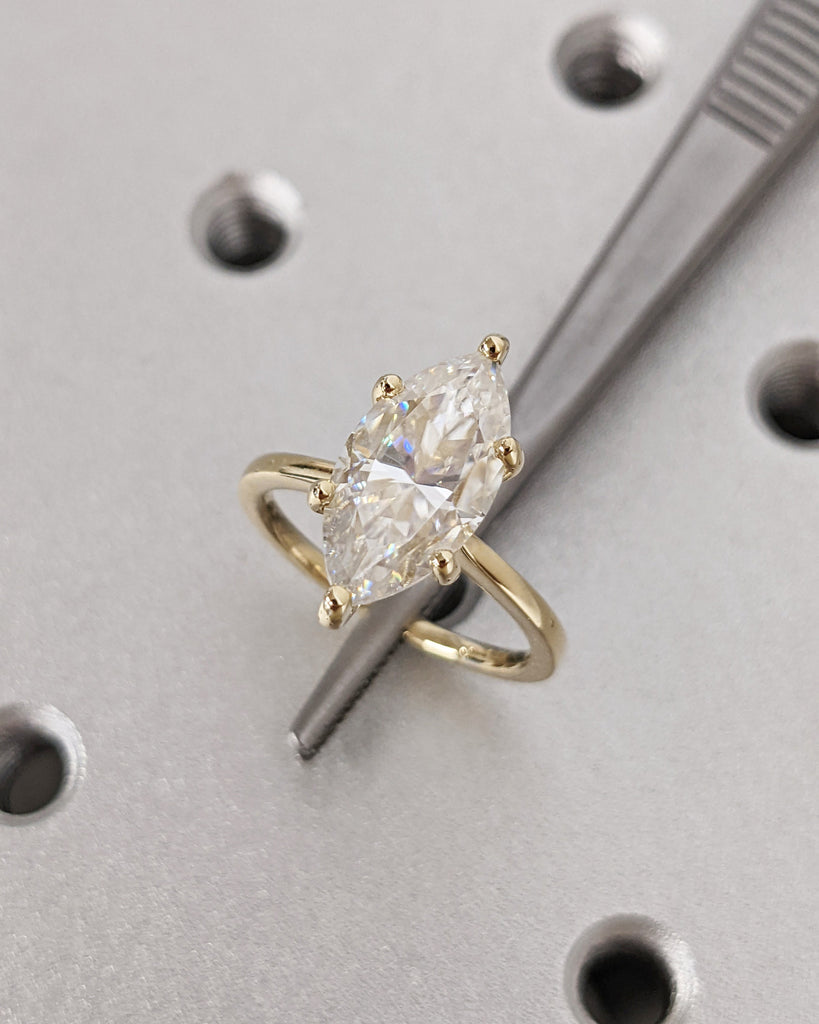 Marquise Engagement Ring, Marquise Moissanite Solitaire Engagement Ring, Wedding Ring, Anniversary Ring, 14K Solid Real Gold, Hidden Halo