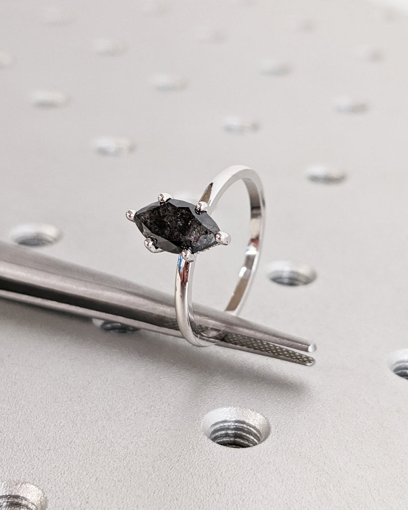 Marquise Diamond Ring / Salt and Pepper Diamond Ring / Hidden Halo / Marquise Ring / Gold Ring / Diamond Gold Ring / Handmade Ring / Custom