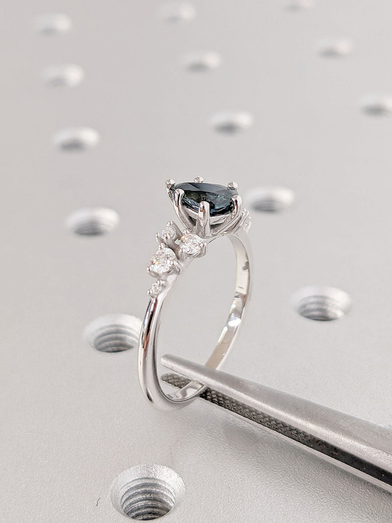 Unique Snowdrift Moissanite, Pear cut Natural Teal Sapphire Proposal Ring for Her | 14K White Gold Wedding Band | Alternative Bridal Jewelry