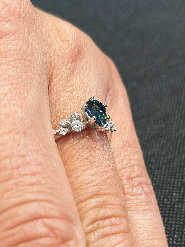 Pear cut Peacock Sapphire Women Wedding Anniversary Ring | 14K 18K Gold Multi Stone Snowdrift Diamond Art Deco Dainty Proposal Ring for Her