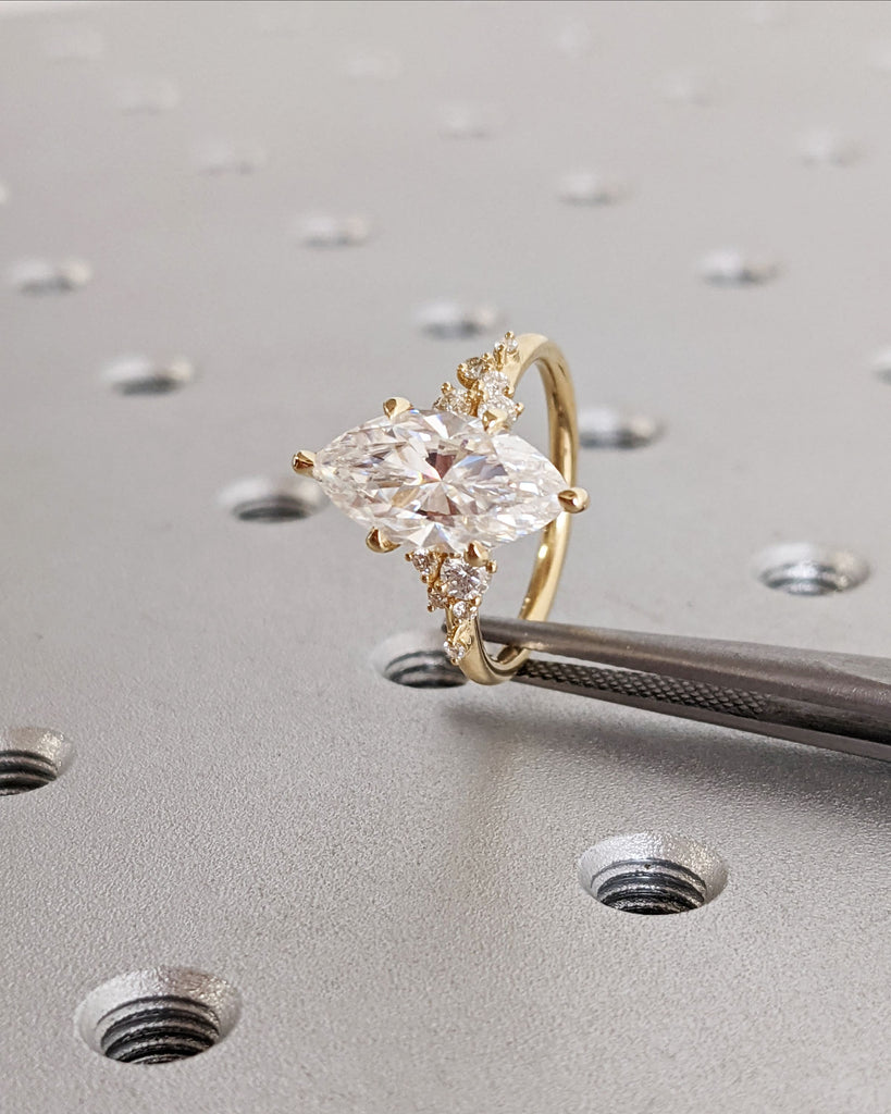 Marquise Lab Grown Diamond Gold or Platinum Engagement Ring | Unique Snowdrift 6 Prong Diamond Cluster Promise Ring | Wedding Ring for Her