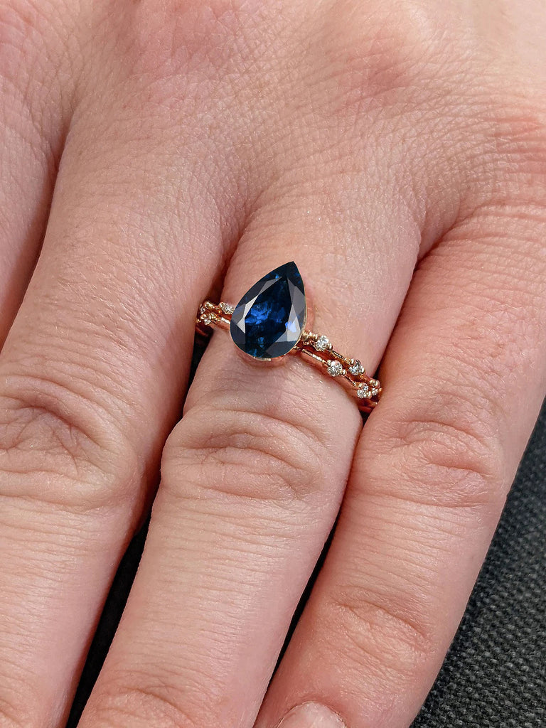 2ct Pear cut September Birthstone Blue Lab Sapphire Women Engagement Wedding Ring Set | Solid Gold, Platinum Knife Edge Floating Bubble Dainty Diamond Eternity Ring
