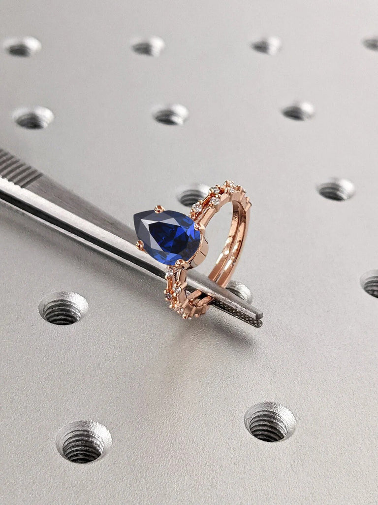 September Birthstone Tear Drop 2ct Lab Sapphire Engagement Cocktail Ring | Solid Gold Platinum Unique Proposal Ring for Her | Alternative Bridal