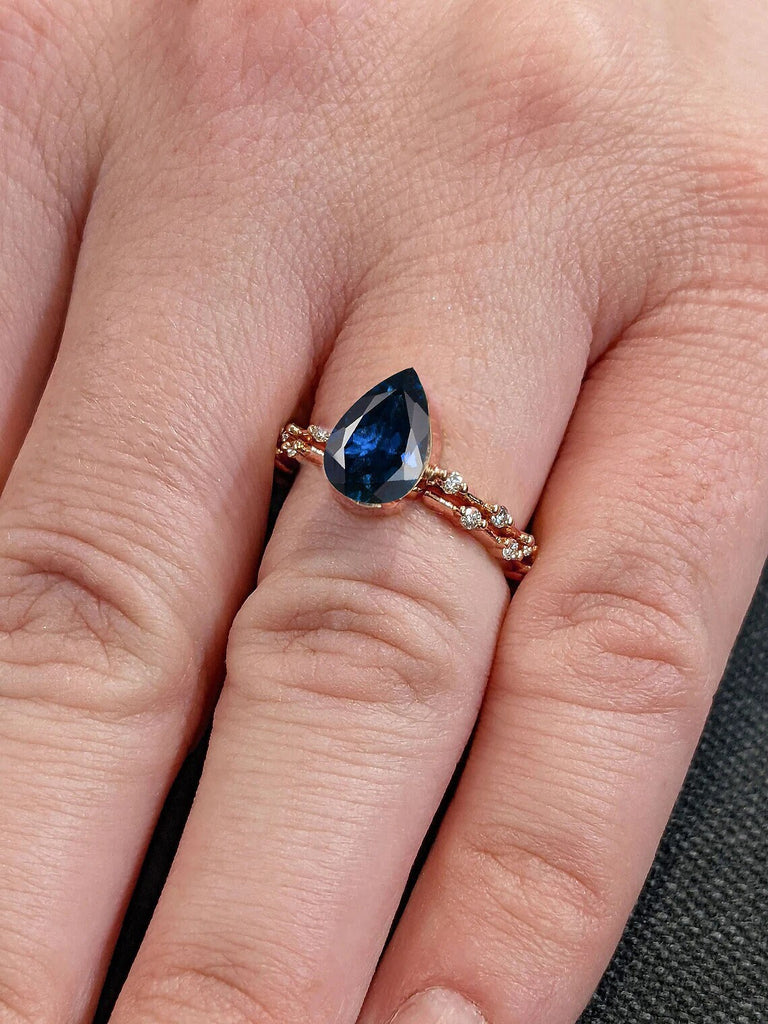 Tear Drop Blue Lab Sapphire Women Unique Proposal Ring | 14K 18K Rose Gold Open Gap Knife Edge Floating Bubble Matching Dainty Moissanite Eternity Ring