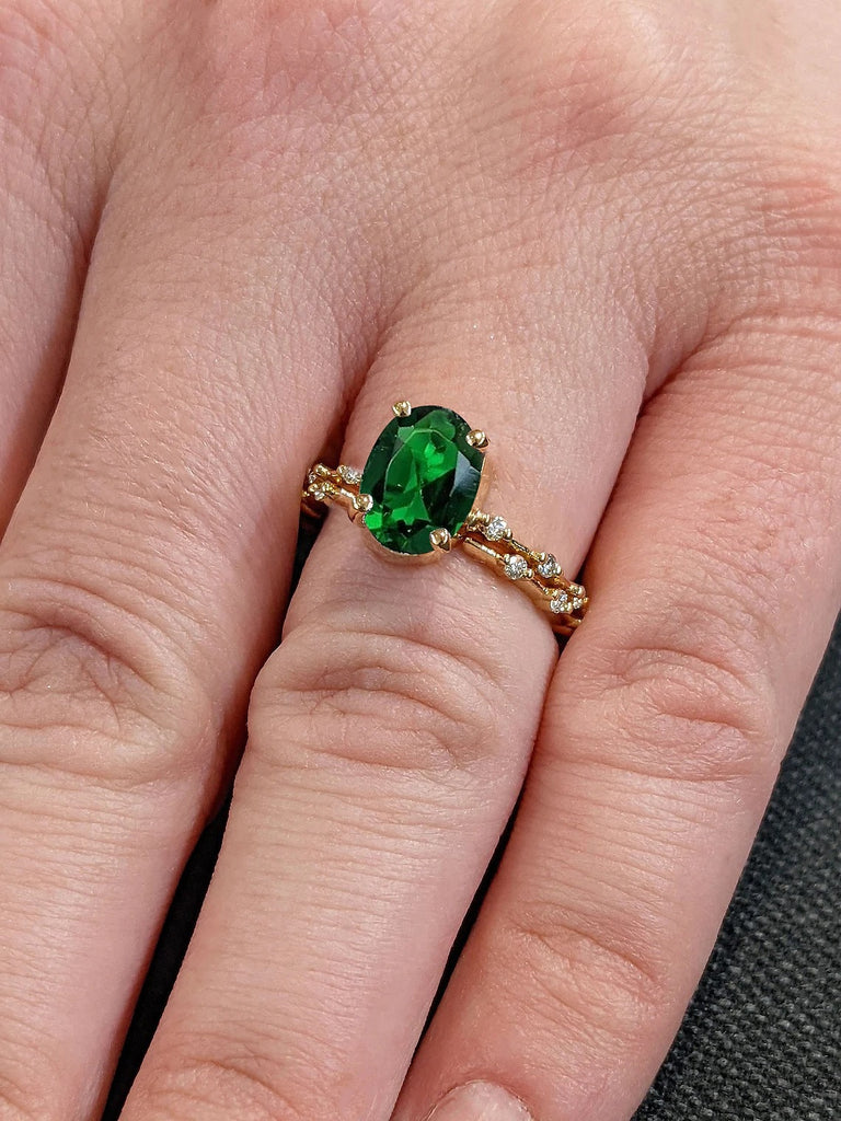 May Birthstone 2ct oval cut Green Lab Grown Emerald Engagement Wedding Ring set for Wife | 14K 18K Yellow Gold Thin Band Matching Diamond Eternity Ring | Unique Bridal Jewelry