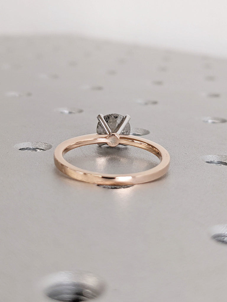 Modern Two Tone Wedding Ring / Round Salt and Pepper Diamond / 14K White and Rose Gold Engagement Ring / 4 Prong Promise Ring Summer Wedding