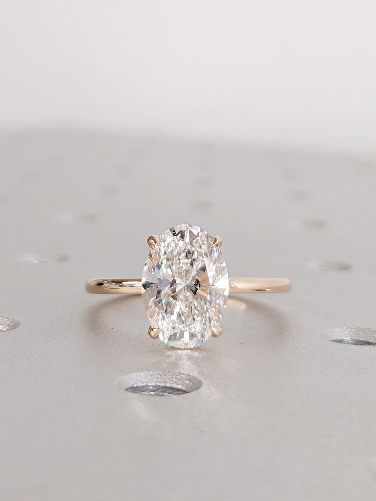VVS Lab Created Diamond Solitaire, Talon Prong Setting, Hidden Halo Unique Proposal Ring for Her | 14K Rose Gold Wedding Band