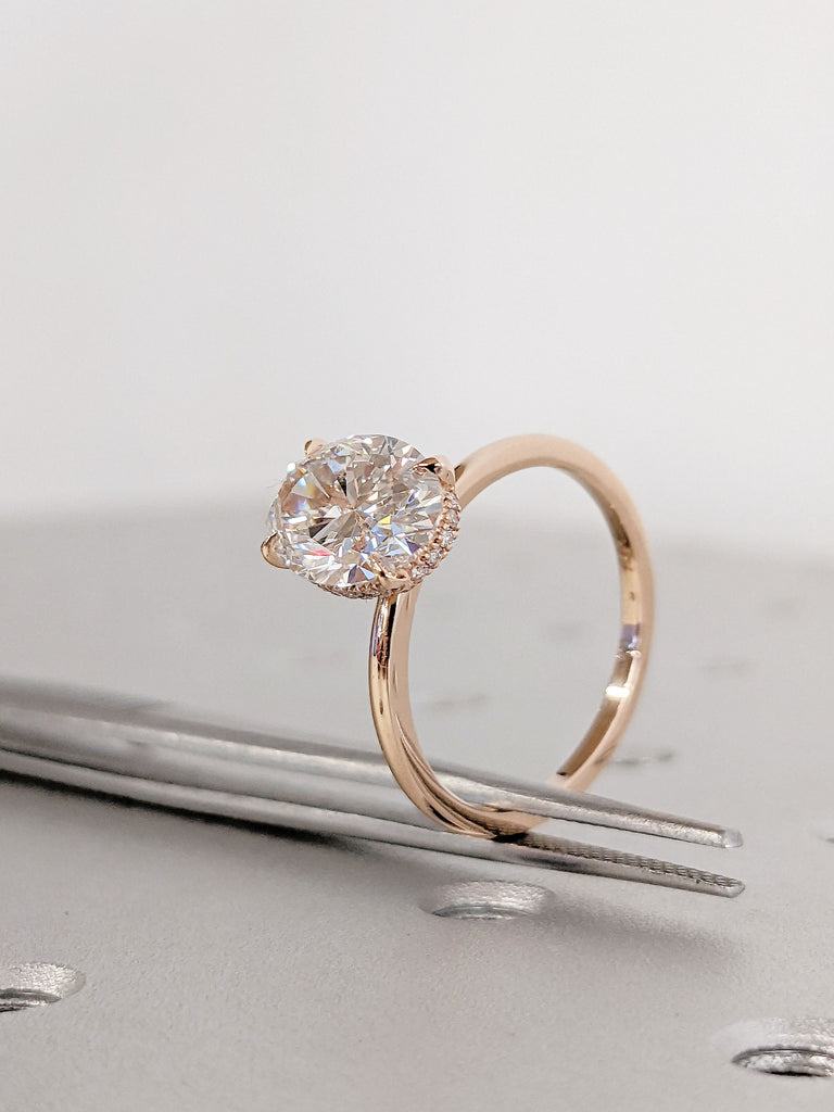 Solitaire Lab Grown Diamond, Oval cut Women Proposal Ring | 14K 18K Rose Gold Moissanite Hidden Halo Engagement Ring | Eco Friendly Jewelry