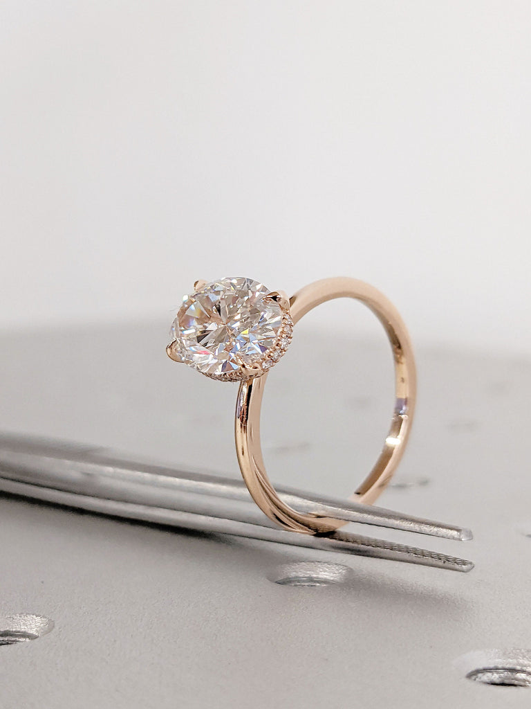 Oval Cut Lab Grown Diamond Wedding Ring with Hidden Halo in Rose Gold, Oval Engagement Ring, 4 Prong Anniversary Ring in 14K/18K Solid Gold