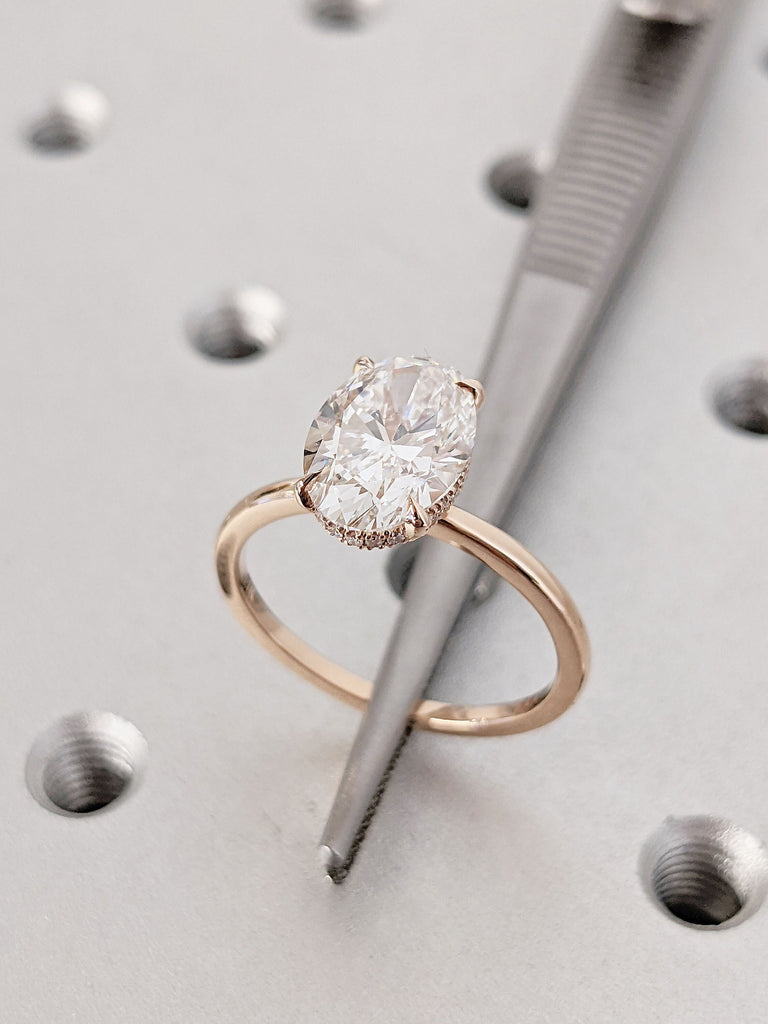 2.5ct Solitaire Lab Grown Diamond, Oval cut Women Proposal Ring | 14K 18K Rose Gold Moissanite Hidden Halo Engagement Ring | Eco Friendly Jewelry
