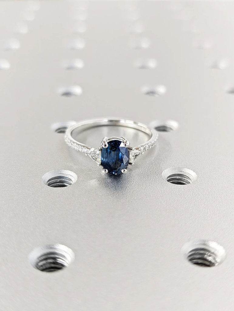 Oval cut Blue Lab Grown Sapphire Multi Stone Women Engagement Cocktail Ring | Solid White Gold, Platinum Dainty Moissanite Eternity Band