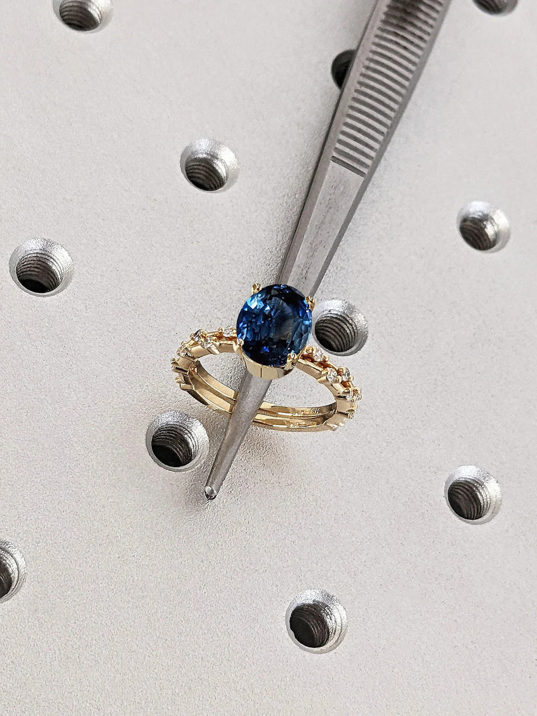 September Birthstone Oval Lab Sapphire Unique Engagement Cocktail Ring for Her | 14K Yellow Gold Dainty Moissanite Stacking Eternity Ring