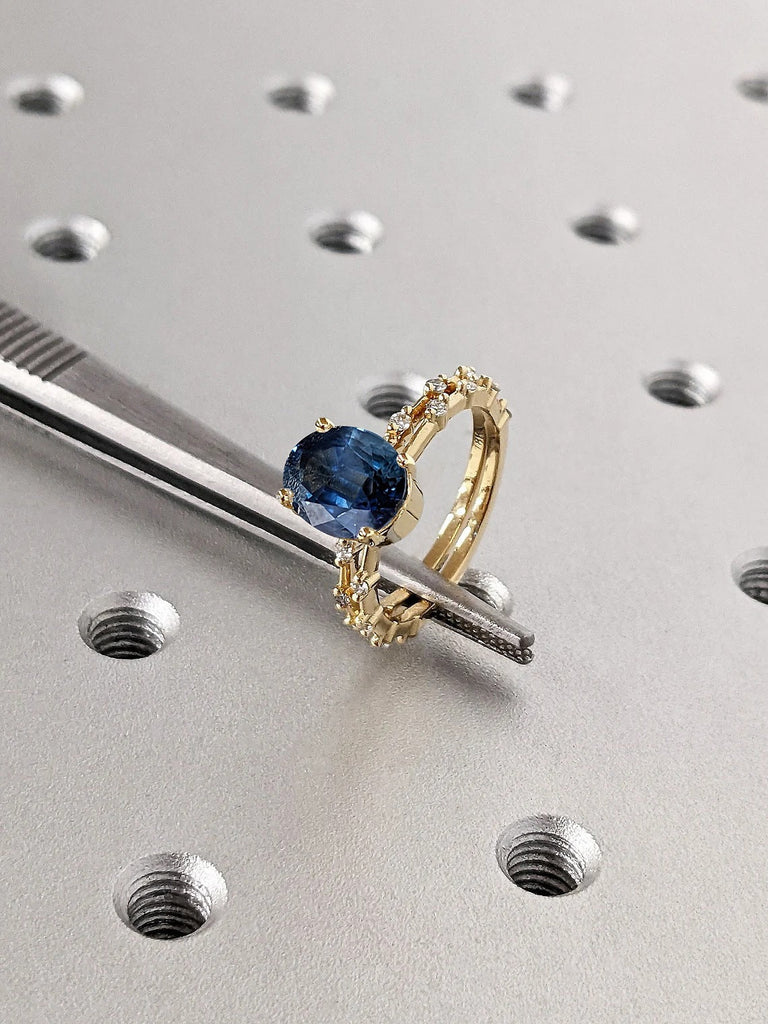 September Birthstone Oval Lab Sapphire Unique Engagement Cocktail Ring for Her | 14K Yellow Gold Dainty Moissanite Stacking Eternity Ring