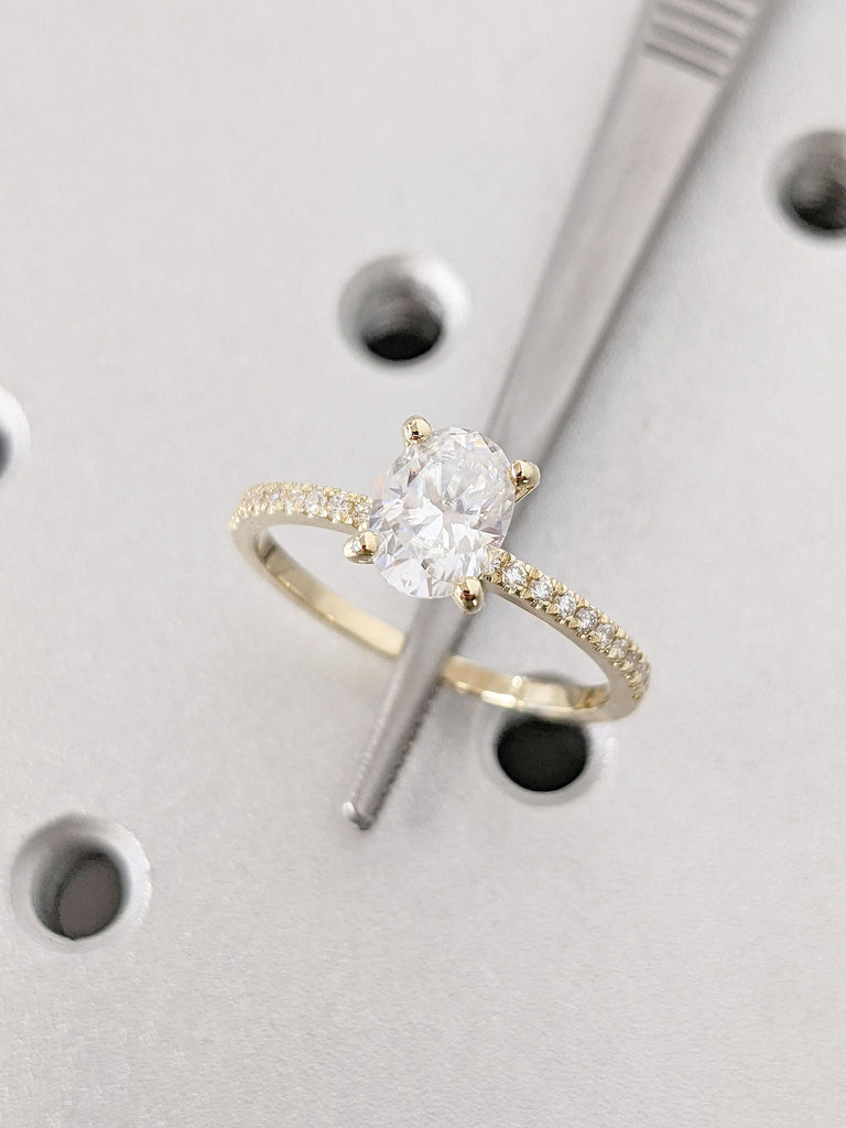 14K Yellow Gold Moissanite Solitaire Women Engagement Promise Ring | Diamond Half Eternity Wedding Band | Oval cut Gemstone Ring for Her