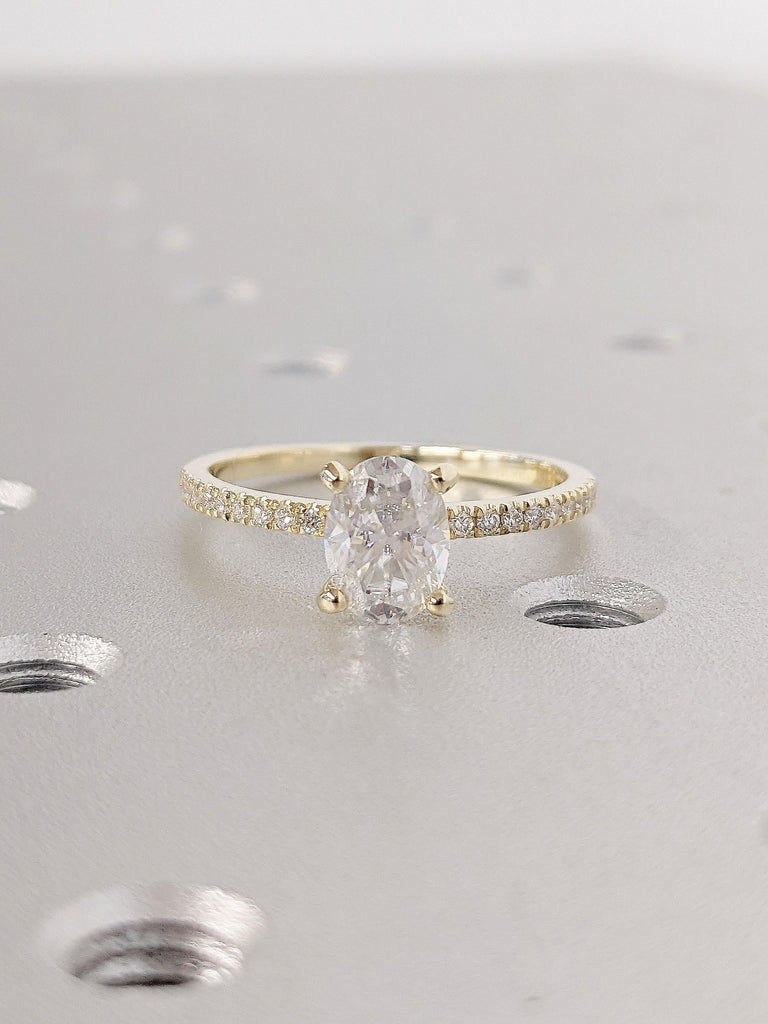 14K Yellow Gold Moissanite Solitaire Women Engagement Promise Ring | Diamond Half Eternity Wedding Band | Oval cut Gemstone Ring for Her