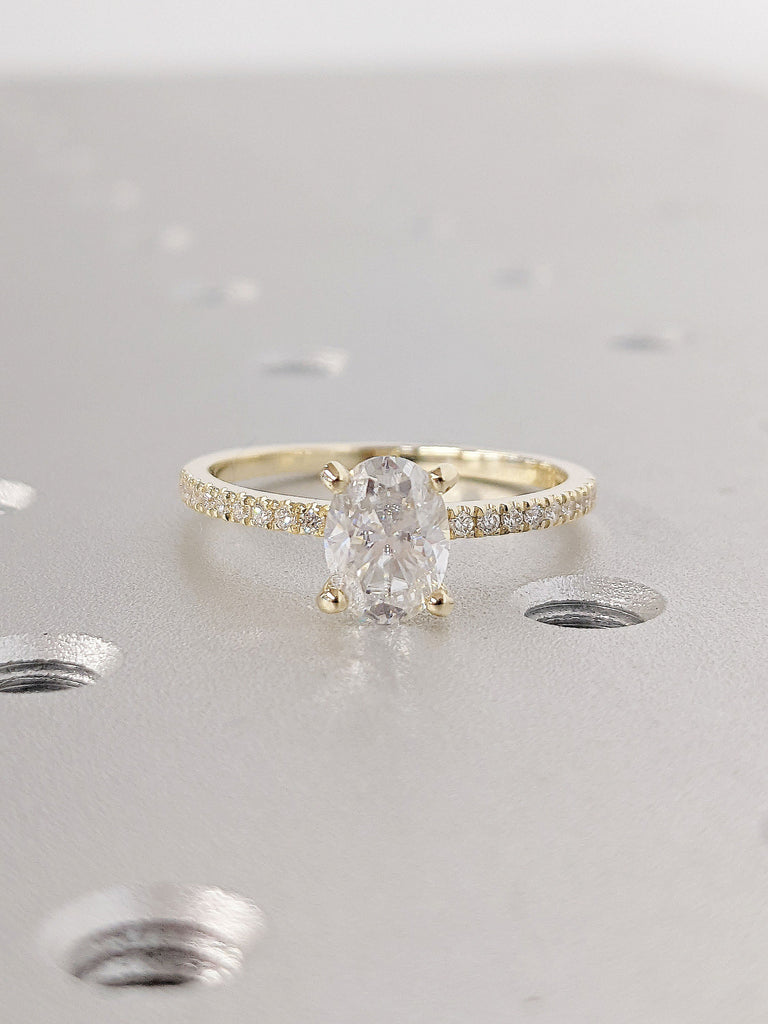 Oval Lab Grown Diamond Engagement Promise Ring for Her | Pave Diamond/Moissanite Half Eternity Band | Solid Gold, Platinum Bridal Jewelry