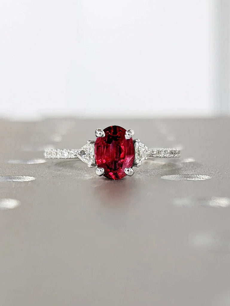 3 Stone Trilogy Red Lab Ruby Engagement Cocktail Ring | 14K White Gold Moissanite Half Eternity Wedding Band